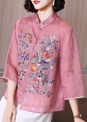 Pink Patchwork Chiffon Shirts Embroidered Stand Collar Button Summer