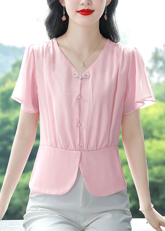 Pink Patchwork Chiffon Top V Neck Wrinkled Summer