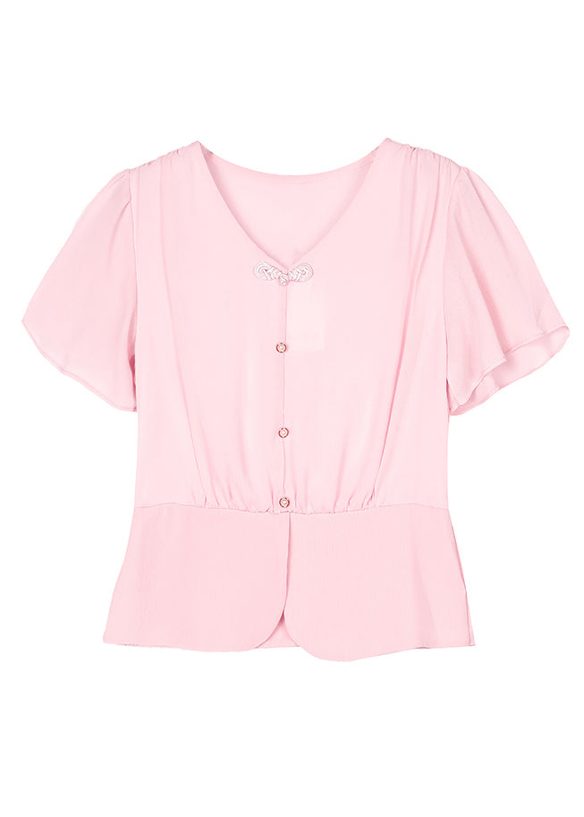 Pink Patchwork Chiffon Top V Neck Wrinkled Summer