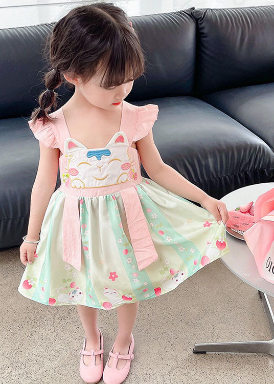 Pink Patchwork Cotton Baby Girls Dresses Embroideried Wrinkled Summer