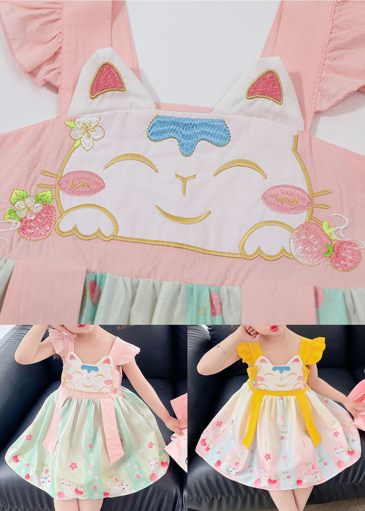 Pink Patchwork Cotton Baby Girls Dresses Embroideried Wrinkled Summer