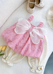 Pink Patchwork Cotton Baby Girls Two Pieces Set Bow Wrinkled Summer