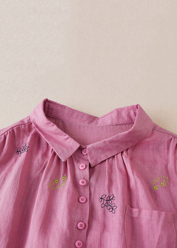 Pink Patchwork Cotton Tops Embroidered Button Peter Pan Collar Half Sleeve