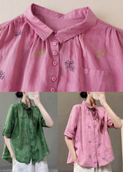 Pink Patchwork Cotton Tops Embroidered Button Peter Pan Collar Half Sleeve