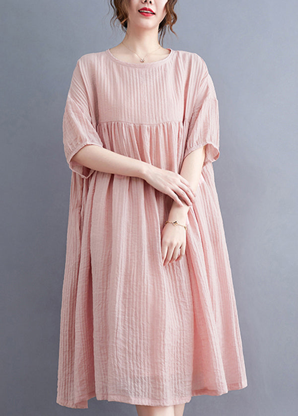 Pink Patchwork Cotton Vacation Dresses Oversized Wrinkled Summer