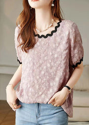 Pink Patchwork Cozy Chiffon T Shirts Puff Sleeve