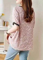 Pink Patchwork Cozy Chiffon T Shirts Puff Sleeve