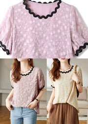 Pink Patchwork Cozy Chiffon T Shirts Puff Sleeve