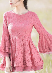 Pink Patchwork Embroideried Lace Shirts O Neck Spring