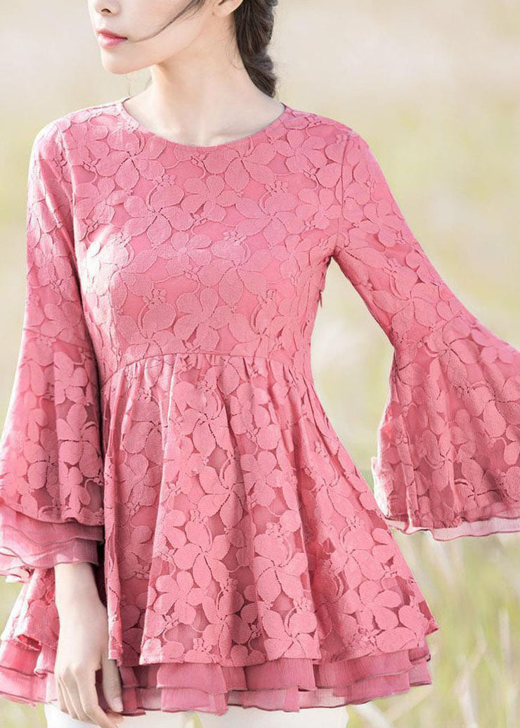 Pink Patchwork Embroideried Lace Shirts O Neck Spring