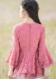 Pink Patchwork Embroideried Lace Shirts O Neck Spring