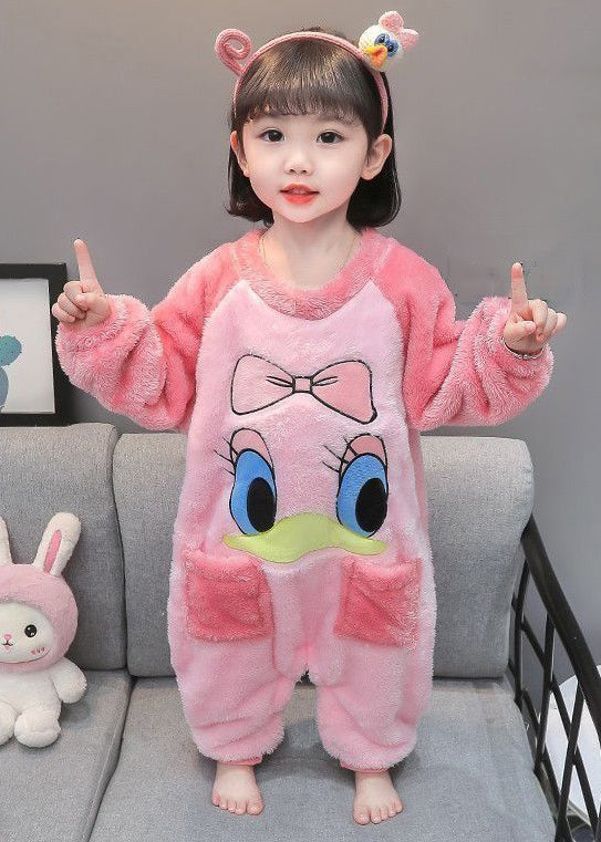 Pink Patchwork Kids Girls Pajamas Jumpsuit O Neck Spring