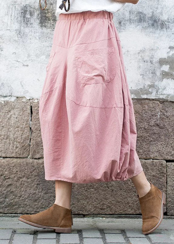 Pink Patchwork Linen A Line Skirt Pockets Solid Color Fall