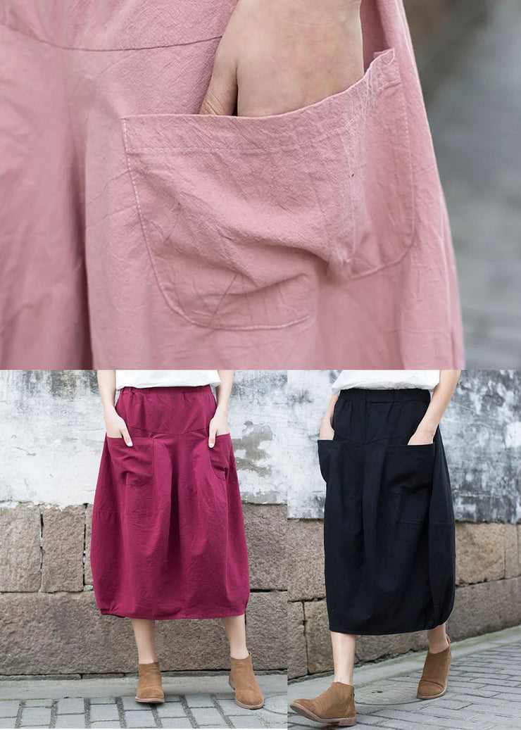 Pink Patchwork Linen A Line Skirt Pockets Solid Color Fall