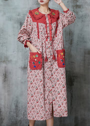 Pink Patchwork Linen Holiday Dresses Embroidered Print Spring