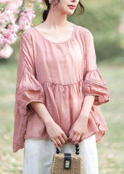 Pink Patchwork Linen Top Embroideried Hollow Out O Neck Summer