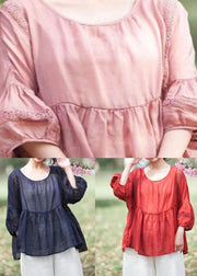 Pink Patchwork Linen Top Embroideried Hollow Out O Neck Summer