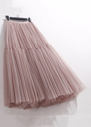Pink Patchwork Loose Tulle Pleated Skirt High Waist Summer