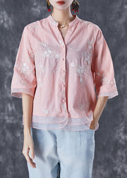 Pink Patchwork Organza Linen Shirts V Neck Embroideried Summer