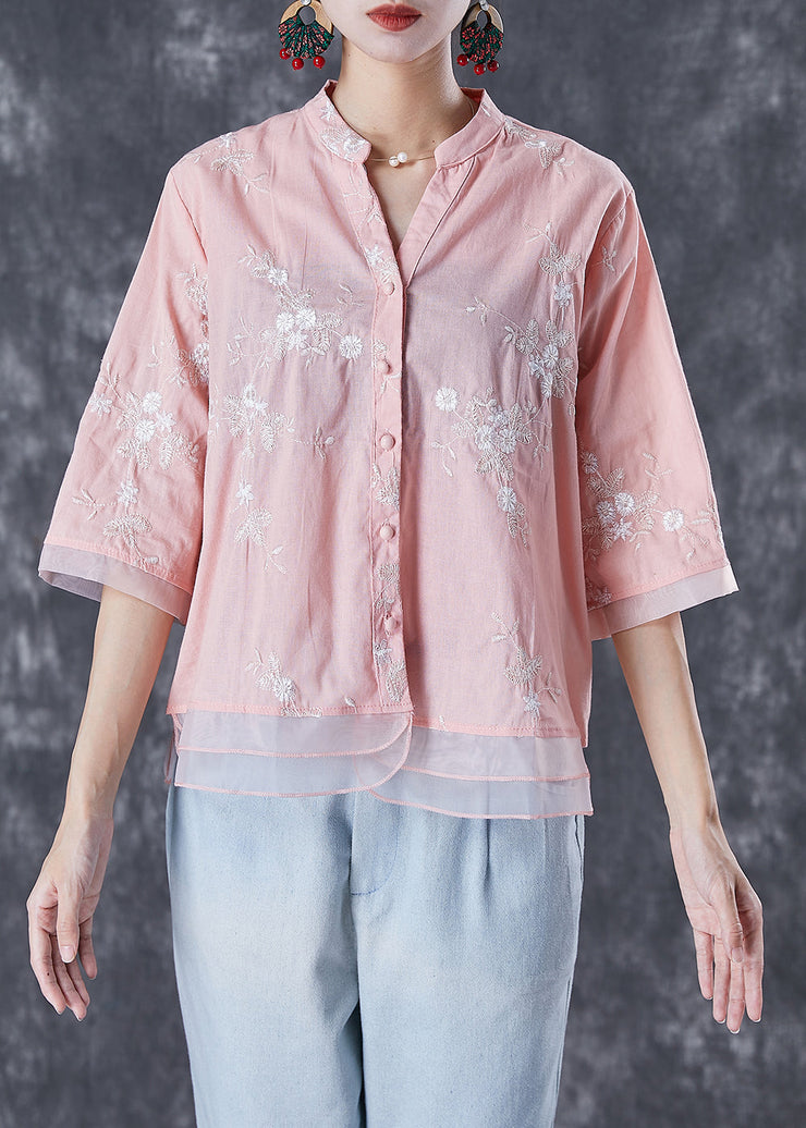 Pink Patchwork Organza Linen Shirts V Neck Embroidered Summer