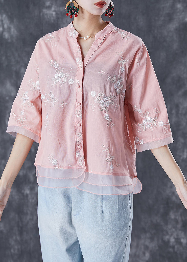 Pink Patchwork Organza Linen Shirts V Neck Embroideried Summer