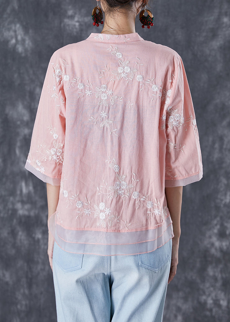 Pink Patchwork Organza Linen Shirts V Neck Embroidered Summer