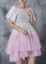 Pink Patchwork Silk Tea Dresses Halter Puff Sleeve