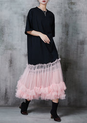 Pink Patchwork Tulle Cotton Long Dress Oversized Summer