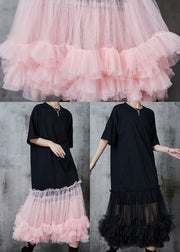 Pink Patchwork Tulle Cotton Long Dress Oversized Summer