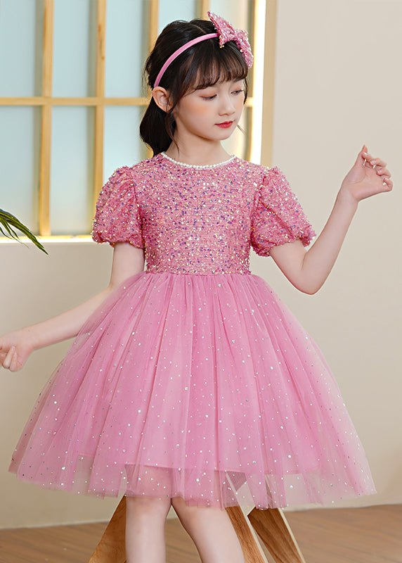 Pink Patchwork Tulle Kids Girls Maxi Dresses Sequins Exra Large Hem Puff Sleeve