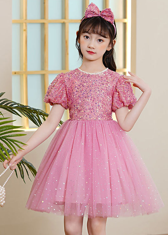 Pink Patchwork Tulle Kids Girls Maxi Dresses Sequins Exra Large Hem Puff Sleeve