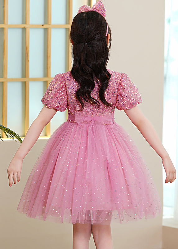 Pink Patchwork Tulle Kids Girls Maxi Dresses Sequins Exra Large Hem Puff Sleeve