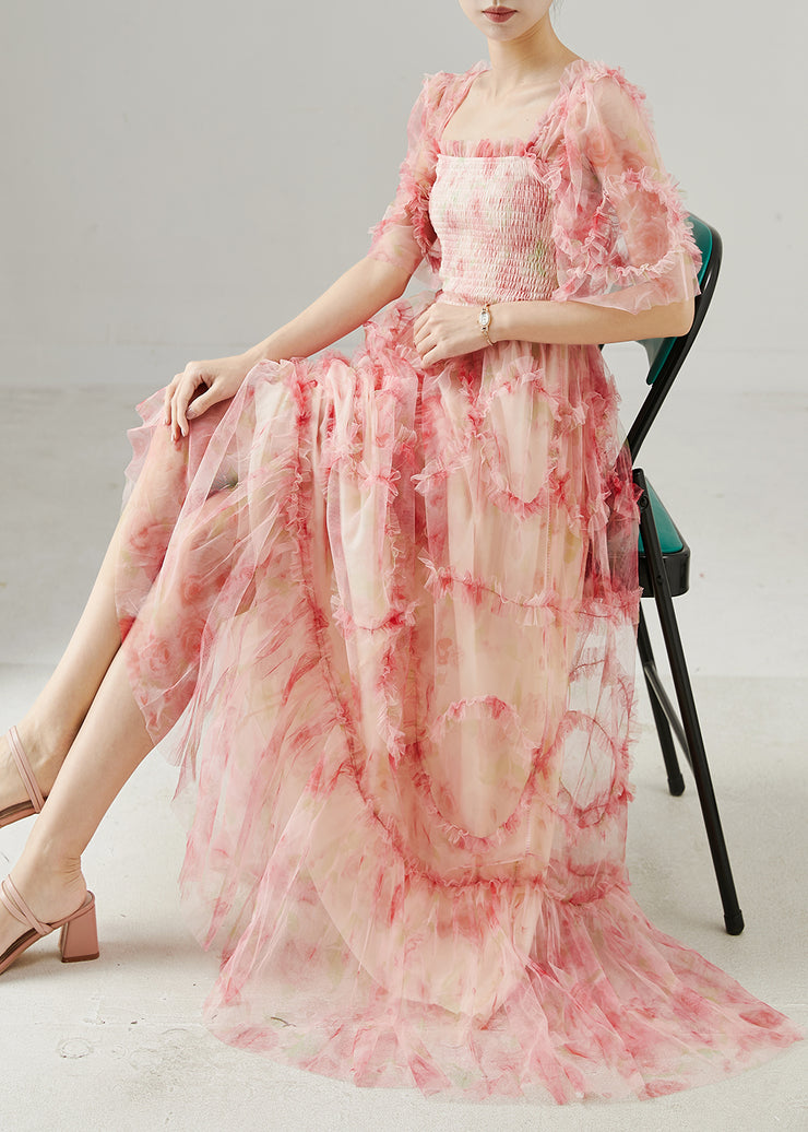 Pink Patchwork Tulle Maxi Dresses Square Collar Ruffled Summer