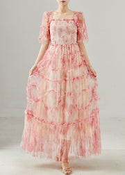 Pink Patchwork Tulle Maxi Dresses Square Collar Ruffled Summer