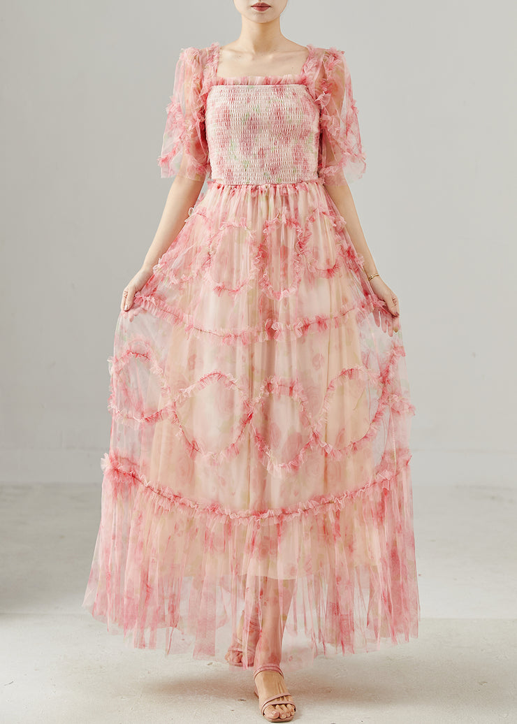 Pink Patchwork Tulle Maxi Dresses Square Collar Ruffled Summer