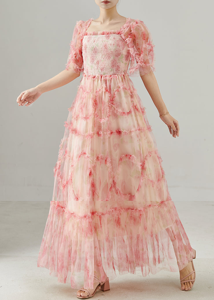 Pink Patchwork Tulle Maxi Dresses Square Collar Ruffled Summer