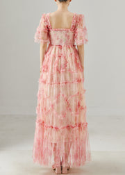 Pink Patchwork Tulle Maxi Dresses Square Collar Ruffled Summer