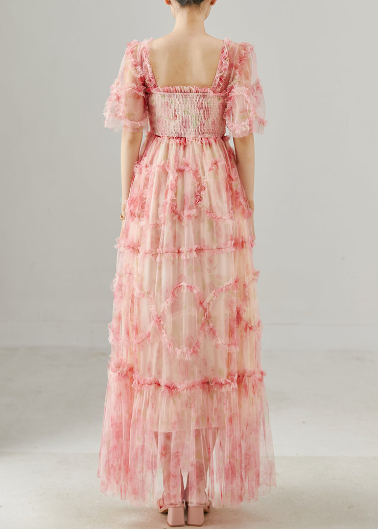 Pink Patchwork Tulle Maxi Dresses Square Collar Ruffled Summer