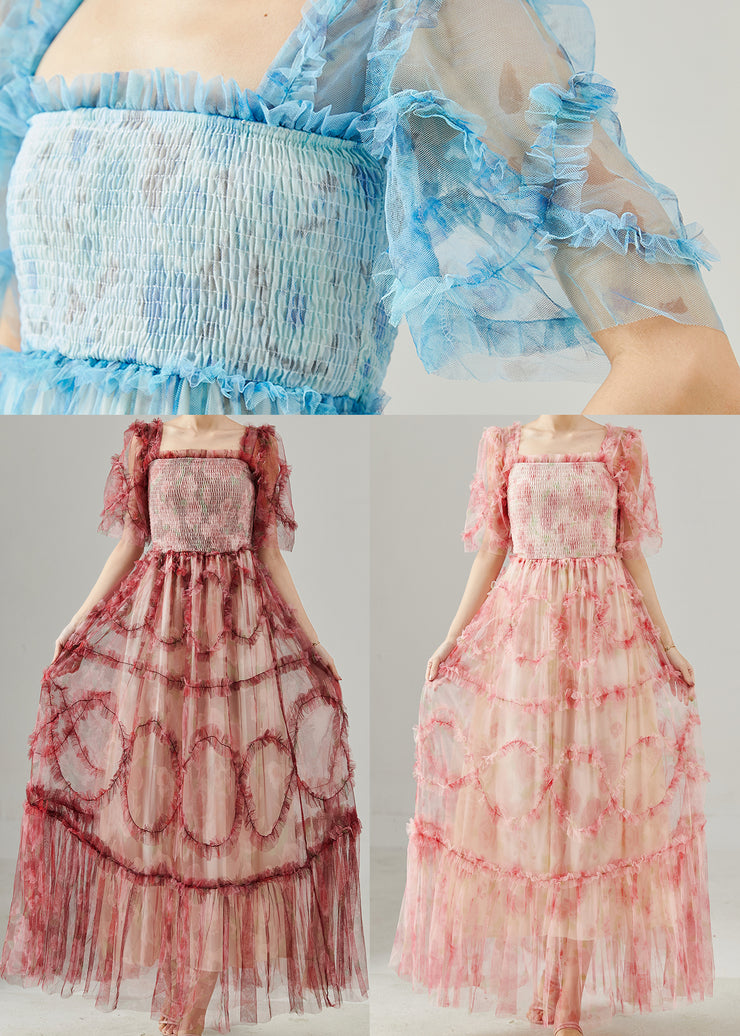 Pink Patchwork Tulle Maxi Dresses Square Collar Ruffled Summer