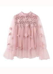 Pink Patchwork Tulle Two Pieces Set Embroideried Floral Spring