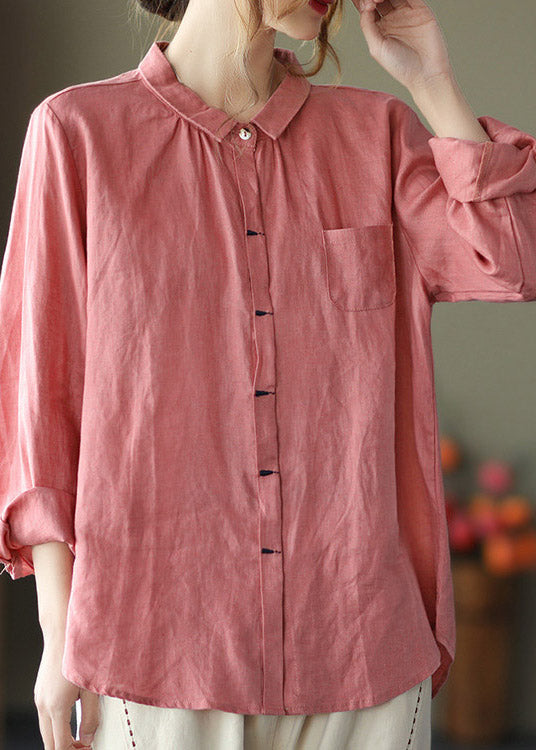 Pink Peter Pan Collar Button Linen Shirts Long Sleeve