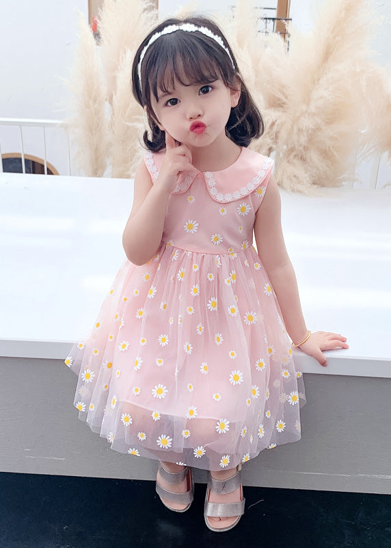 Pink Peter Pan Collar Tulle Girls Maxi Dress Summer