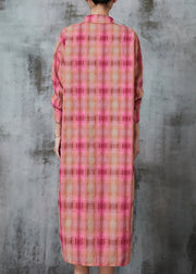 Pink Plaid Cotton Long Shirt Oversized Spring