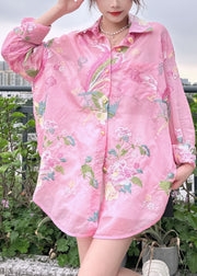 Pink Pockets Cotton Blouses Peter Pan Collar Spring