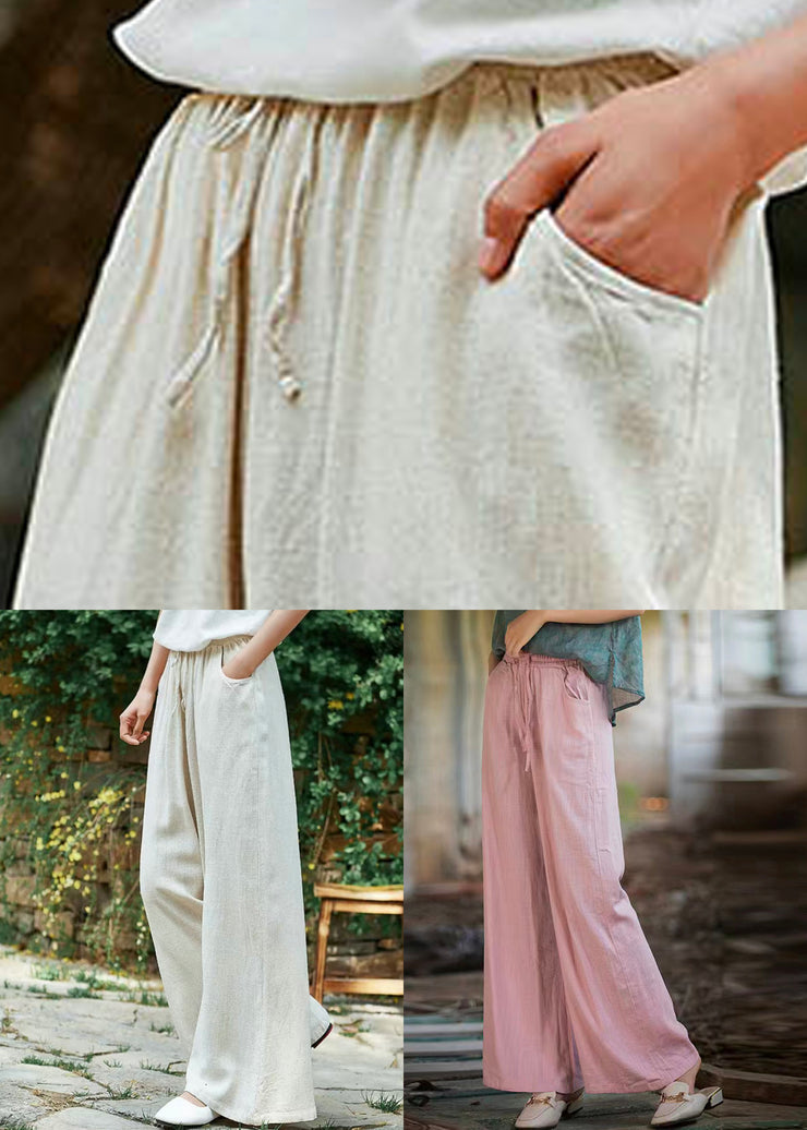 Pink Pockets Linen Wide Leg Pants Elastic Waist