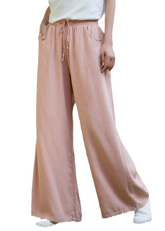 Pink Pockets Linen Wide Leg Pants Elastic Waist