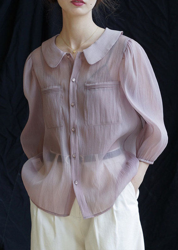 Pink Pockets Patchwork Chiffon Shirt Peter Pan Collar Spring