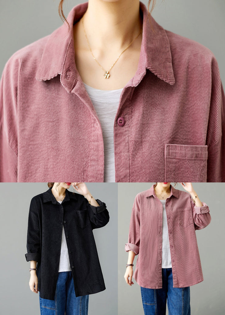 Pink Pockets Patchwork Corduroy Shirts Coat Peter Pan Collar Fall