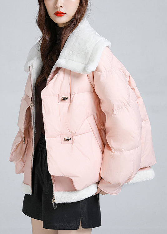 Pink Pockets Patchwork Fine Cotton Filled Puffer Jacket Square Collar Winter