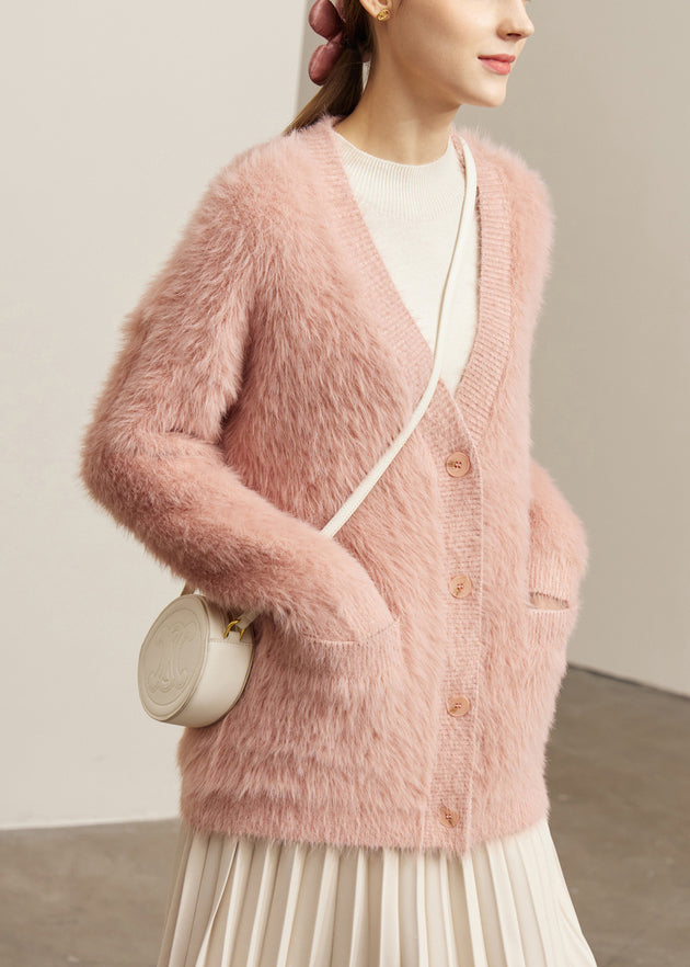 Pink Pockets Solid Mink Velvet Cardigan V Neck Spring